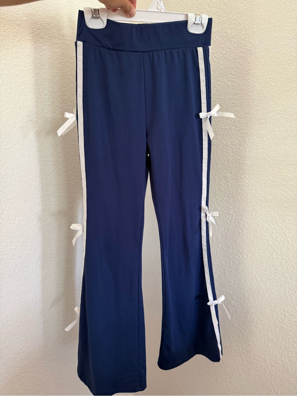 Navy Girls' Knit Flare Pants with White Side Bows